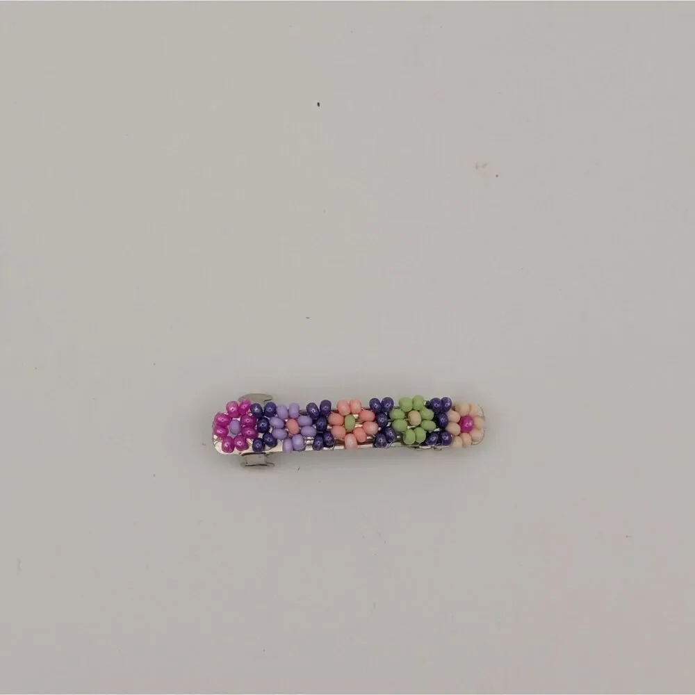 Beaded Floral Hair Barrette Clip Multicolor Vintage Style Metal Clasp